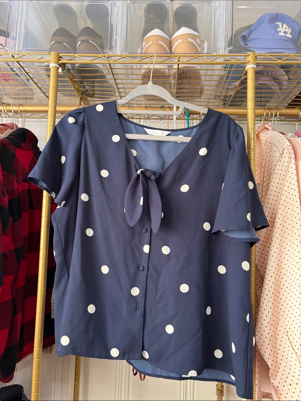 Rockabilly Polka Dot Tie-Neck Navy Blouse - Women's Top